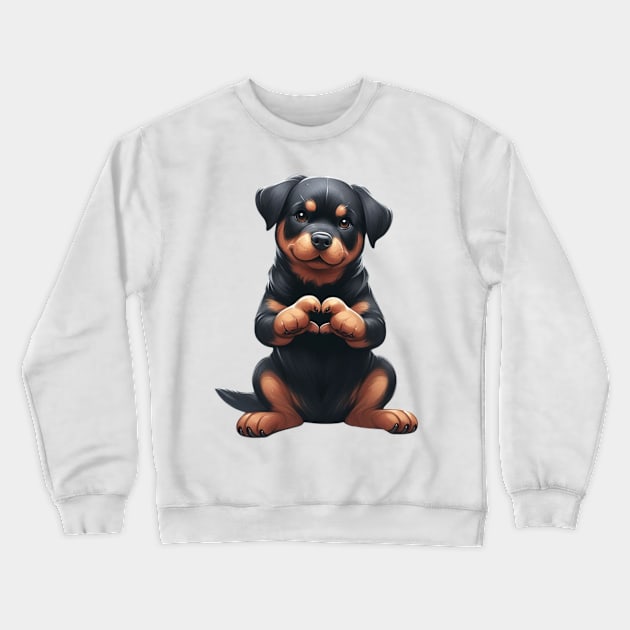 Valentine Rottweiler Dog Giving Heart Hand Sign Crewneck Sweatshirt by Chromatic Fusion Studio